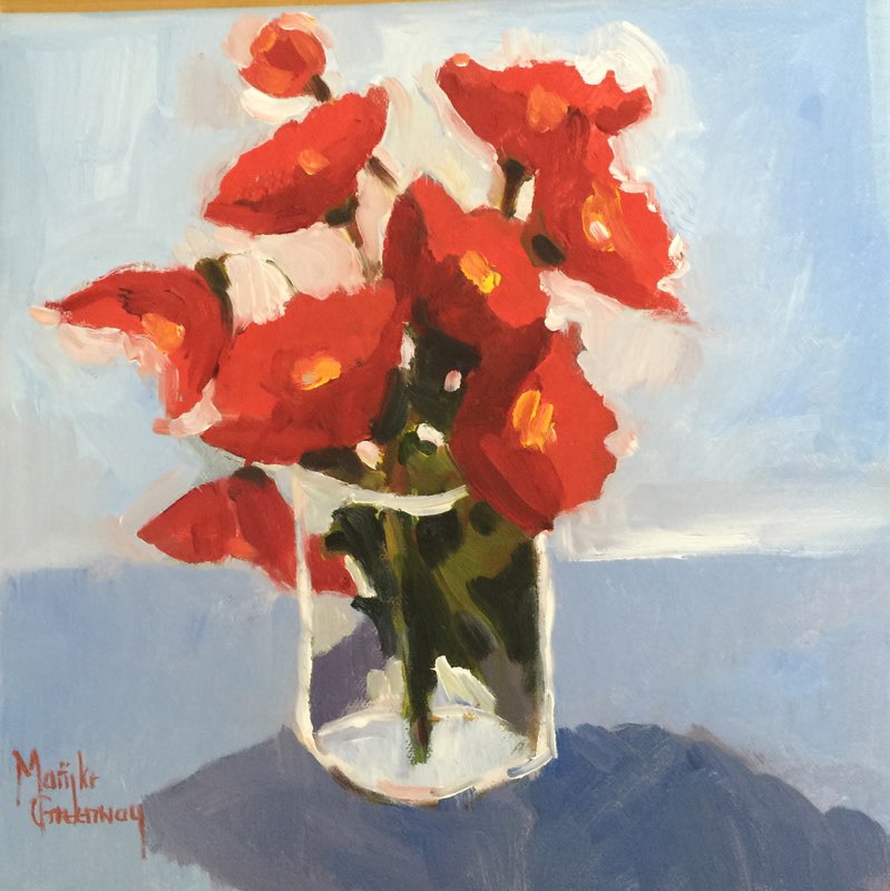 Red poppies in a glass vase<>  30 x 30 oil $395